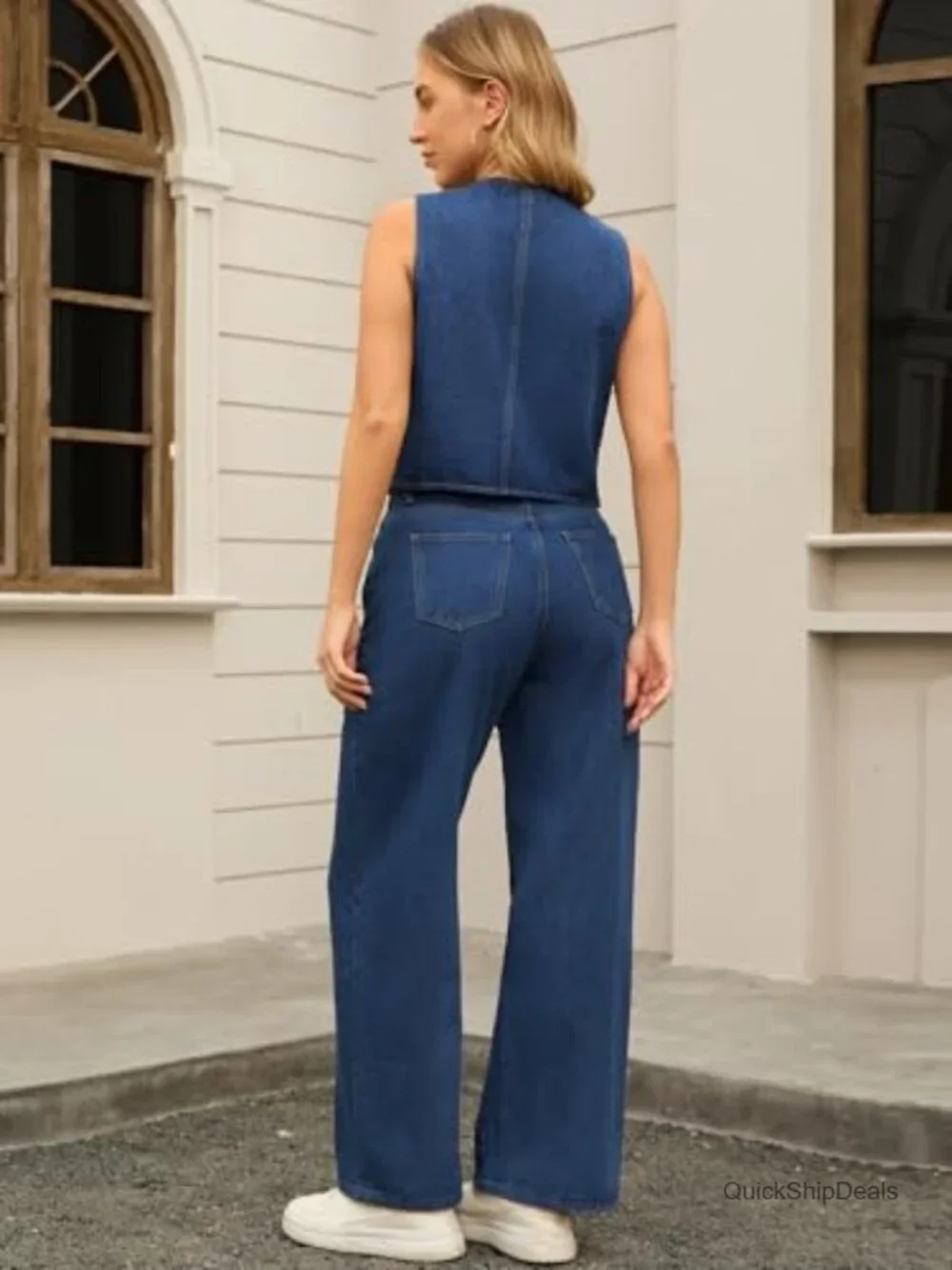 Denim 2 Piece Outfit Sleeveless Vest Wide Leg Jeans Matching Set